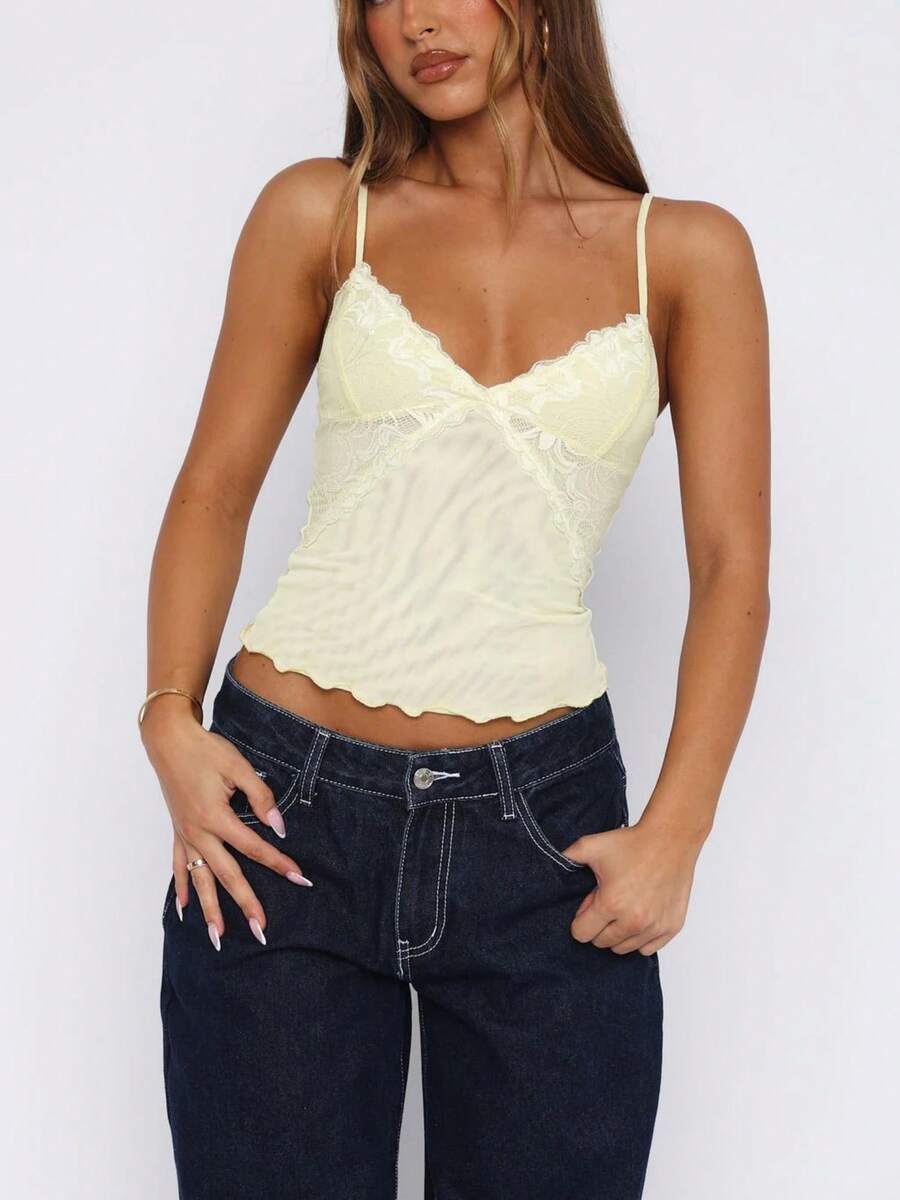 Women's Mesh Lace Cami Top Y2K Spaghetti Strap Low Cut V Neck Backless Vest Top - Màu vàng - Xem 1