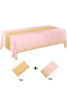 Pink And Gold Disposable Plastic Tablecloth And Satin Tablecloth Set, 137 X 274cm Tablecloth, 28 X 274cm Tablecloth, Suitable For Weddings, Graduation Birthdays - Pink - View 10