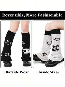 1 Pair Women's Halloween Striped Contrast Color Leg Warmers, Reversible Gothic Style Skull Design Leg Sleeves, Versatile Costume Leg Warmers Winter Women