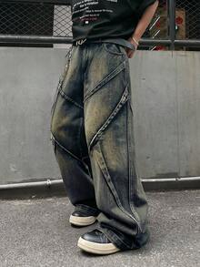 1pc Men's Distressed Vintage Wash Deconstructed Patchwork Wide Leg Jeans (Product Does Not Include Belt And Accessories) - Blue - View 6