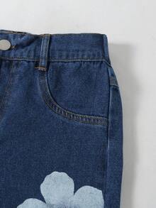 Girls' Casual Floral Print Washed Straight Leg Jeans, Dark Blue, Autumn/Winter New Arrival - Dark Wash - View 4