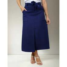 Saia Midi Linho Elegante Com Cinto Fenda Frontal Bolso Alta Tendencia QUEIMA ESTOQUE