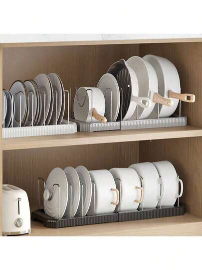 1 件可调节厨房储物架、锅盖架、可伸缩内柜锅具和平底锅收纳架、台面碗盘架、多用途厨房储物用品