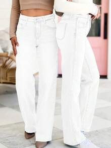 Jeans de pierna recta y ajustada de cintura media - Pantalones vaqueros de estilo callejero, adecuados tanto para looks casuales como de moda - Blanco - Ver 1