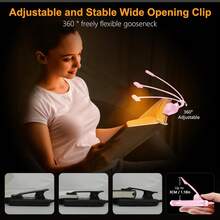 Lampe de lecture LED rechargeable à 3 couleurs avec clip - Niveaux de luminosité multiples, 3 températures de couleur, longue autonomie, col de cygne flexible, angle réglable, port de charge USB-C, conception compacte et portable pour la lecture et le travail au lit, en dortoir, au bureau à domicile - Rose bonbon - Voir 3