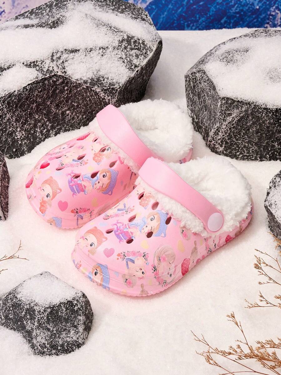 1 Pair Girls Cute Cat Design Thermal Lined Warm Comfortable Indoor Slip-On Shoes, Suitable For Winter - Pink - View 1
