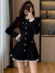 RUIWY 女士优雅修身腰部防晒披肩领黑色连衣裙，带褶边细节，适合春夏秋季 - 黑色 - 查看 4