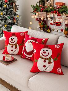 1pc Red Base Fabric Delicate Snowman & Santa Claus Embroidered Cushion Cover, Christmas Decor, Fits Multiple Room Styles, 45cm*45cm, Pillow Insert Not Included Home Decor Christmas Decorations Room Decor Christmas Decorations Home