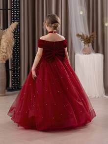 Tween Girl Christmas Dress Spaghetti Strap Bow Tulle Elegant Flower Girl Party Dress Princess Gown, Suitable For Girls Wedding, Party, Birthday, Communion, Special Occasions - 酒紅色 - 查看 3