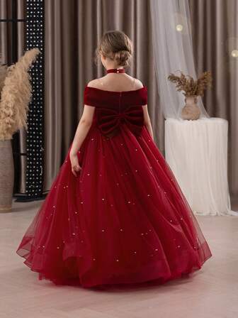 Tween Girl Christmas Dress Spaghetti Strap Bow Tulle Elegant Flower Girl Party Dress Princess Gown, Suitable For Girls Wedding, Party, Birthday, Communion, Special Occasions