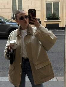 2026 女士复古休闲宽松撞色灯芯绒领轻薄防风夹克，四季皆宜 - 卡其色 - 查看 3