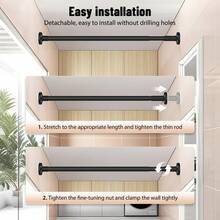 HSHa Wardrobe Rail Extendable Clothing Adjustable Length, Heavy Duty Steel Retractable Wardrobe Rods, Curtain Rod For Windows Showers, Closet Hanging Rails For Cabinet Bathroom Clothes Wardrobe Organiser - Black/90-160CM - View 3