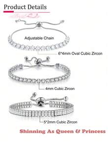 3件套闪亮圆形和方形几何锆石可调节网球手链，适合女性和女孩日常佩戴 - 白色 - 查看 5