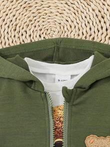 H HIBOBI 3pcs Baby/Baby BoyOutfit Set, Including Hooded Vest, Long Sleeve T-Shirt, And Bear Graphic Pants, Suitable For 9 Months To 4 Years Old, Autumn/Winter - Army Green - View 5