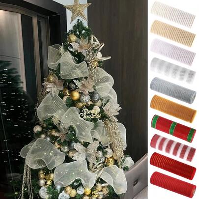 1Roll 10 Yards Christmas Mesh Ribbon For Wreaths, Christmas Tree Toppers, Beige White Gold Glitter Foil Decorative Mesh Rolls For DIY Wreath Bow Ribbon Christmas Tree Decor Seasonal Craft&Home Decor Christmas Decorations 2025 Room Decor Winter Christmas Decorations Home Christmas Gifts Christmas Decor