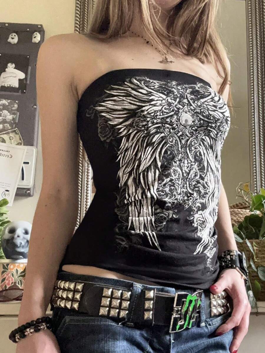 Women's Y2k Fairy Grunge Tube Top Goth Wing Graphic Print Slim Fit Strapless Top Summer Teen Girl Gothic Emo Crop Tops Vintage Aesthetic Clothes Halloween Streetwear