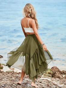 Womens Summer Boho Maxi Skirt Casual Asymmetric High-Low Hem Flowy Bohemia Long Skirt - 軍綠色 - 查看 4
