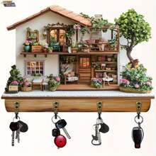 2D Flat Multi-Color Wooden House Key Storage Rack - Bag, Coat, Accessory And Key Storage Hook Rack