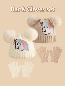 2pcs/Set Kids Unicorn Knit Hat And Gloves Set, Warm And Versatile For Autumn/Winter - 2PC - View 1