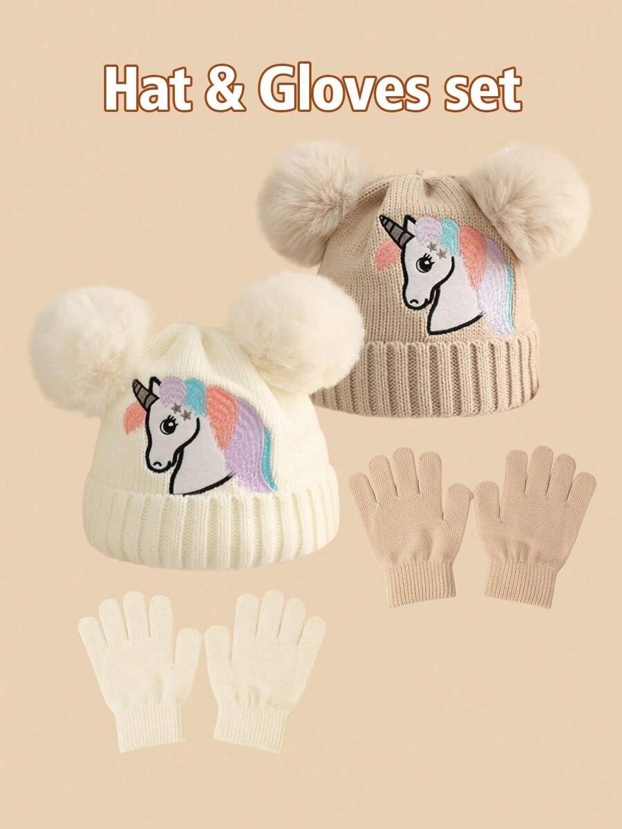 2pcs/Set Kids Unicorn Knit Hat And Gloves Set, Warm And Versatile For Autumn/Winter - 2PC - View 1