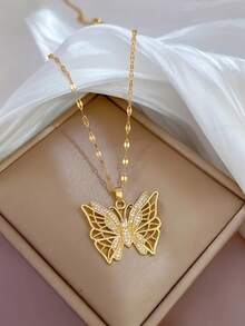1pc Hollow Butterfly Pendant Necklace For Women - Gold Stainless Steel Jewelry With Details Elegant Gift - Vàng - Xem 2