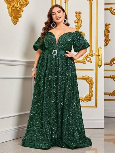 Elegant Off-Shoulder Short Sleeve A-Line Long Party Dress, Designed For Plus Size Women - Sparkling Sequin Decor, Alluring V-Neck And Cinched Waist Belt | Perfect For Formal Dinners, Black Tie Events, Weddings, Awards Ceremonies And Luxury Galas