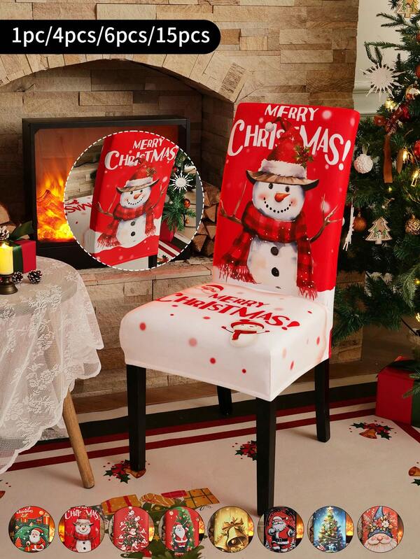1 pieza/4 piezas/6 piezas/20 piezas Funda de silla impresa en seda de leche navideña, funda protectora elástica impresa para sillas, apta para oficina, sala de estar, hotel, sillas de eventos, árbol de Navidad, Papá Noel, muñeco de nieve, campana navideña