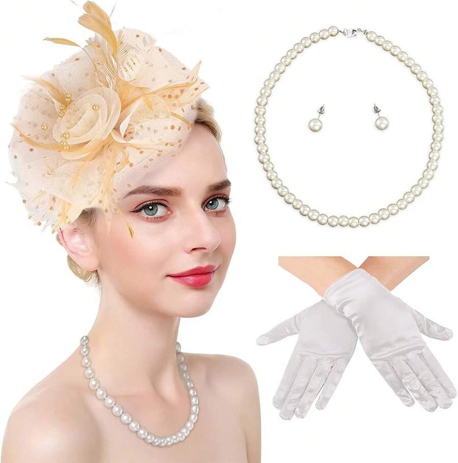 Ibeauti Fascinator Hats With Screentouch Lace Gloves Set Women Tea Party Cocktail Wedding Derby Headwear Short Gloves - 02 香檳 - 查看 1