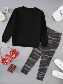 Conjunto de sudadera holgada cómoda con estampado de corazón y letras de leopardo y pantalones suaves con estampado de leopardo para niñas preadolescentes - Negro - Ver 2