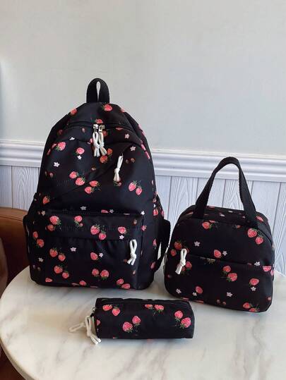 三件套时尚草莓印花书包套装，包含书包、午餐包和铅笔盒，带笔记本电脑隔层、可调节肩带、多口袋大容量多功能书包套装，适合女生/青少年/大学生/毕业生日常使用/度假/旅行/返校