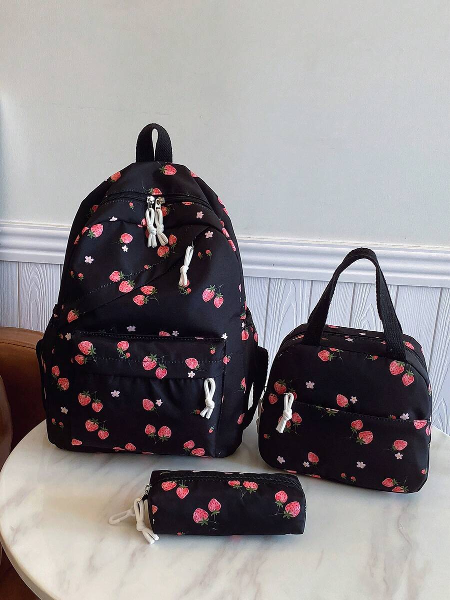 三件套时尚草莓印花书包套装，包含书包、午餐包和铅笔盒，带笔记本电脑隔层、可调节肩带、多口袋大容量多功能书包套装，适合女生/青少年/大学生/毕业生日常使用/度假/旅行/返校