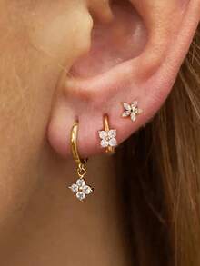 3/6 buah Anting Wanita Minimalis Perak Modis dengan Batu Zirkonia Kubik, Dapat Ditumpuk dan Dilepas, Hadiah - Bunga emas - View 10