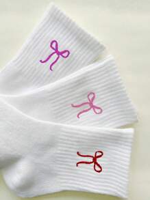 3 Pairs Bow Pattern Crew Socks, Casual Everyday Wear, Fall