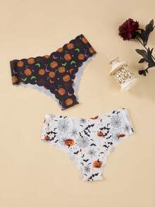 7pcs Halloween Printed Women's Underwear, Comfortable Seamless V-Waist Lifting Wavy Edge Briefs