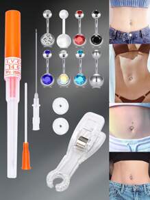 Set de 6 piezas/juegos de kit de perforación de ombligo, kit de aguja de perforación de ombligo, anillo de perforación de ombligo de calibre 14 - Naranja - Ver 1