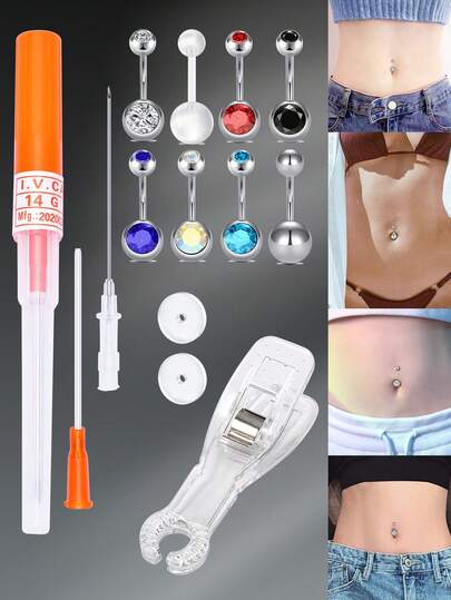 6Pcs/Sets Belly Button Piercing Kit,Piercing Needle Navel Piercing Kit Belly Button Ring 14 Gauge Piercing Needle