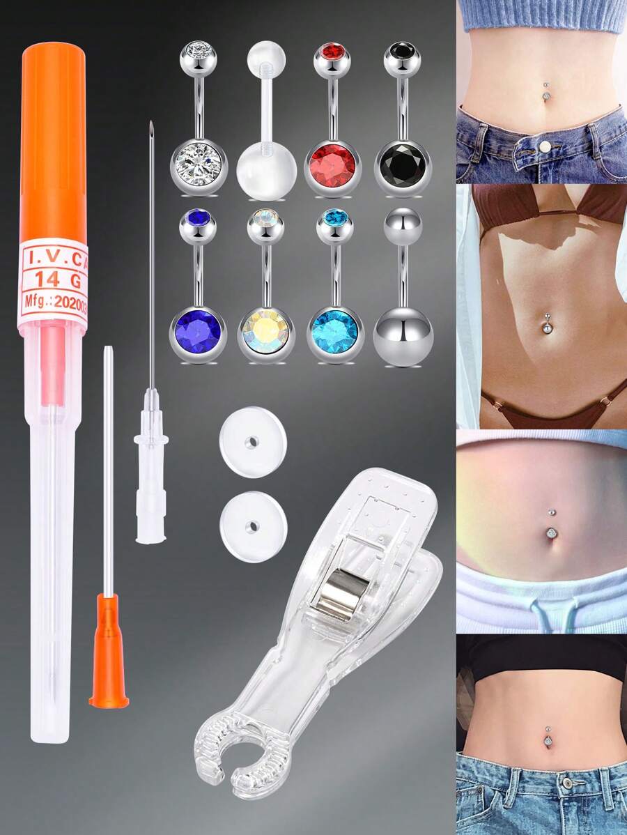 Set de 6 piezas/juegos de kit de perforación de ombligo, kit de aguja de perforación de ombligo, anillo de perforación de ombligo de calibre 14 - Naranja - Ver 1