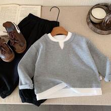 1件装男童二合一华夫格针织休闲绅士卫衣，秋季新款儿童时尚套头衫