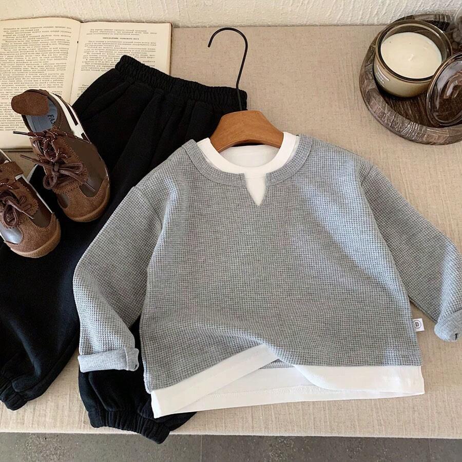 1件装男童二合一华夫格针织休闲绅士卫衣，秋季新款儿童时尚套头衫