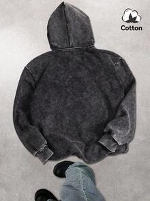 秋冬男士街头图案连帽卫衣上衣，略有弹力修身，水洗做旧棉质黑色长袖开衫拉链卫衣，休闲日常返校季外套 - 黑色 - 查看 3