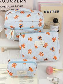 1 Pc/Set Cute Strip Print Cosmetics Storage Bag Foam Quilted Make Up Bag Cartoon Bear Pattern Travel Toiletry Bag Cute Blue Cosmetics Storage Bag Large Capacity Makeup Pouch Multi-Functional Items Organizer Bag Handheld Make Up Bag Zippered Pencil Case Jewelry Organizer Bag, Lip Oil Organizer Bag, Nail Polish Organizer Bag Sanitary Towel Storage Bag For Girl Birthday Gift Back To School Gift Girlfriend Gift - Blue - View 14