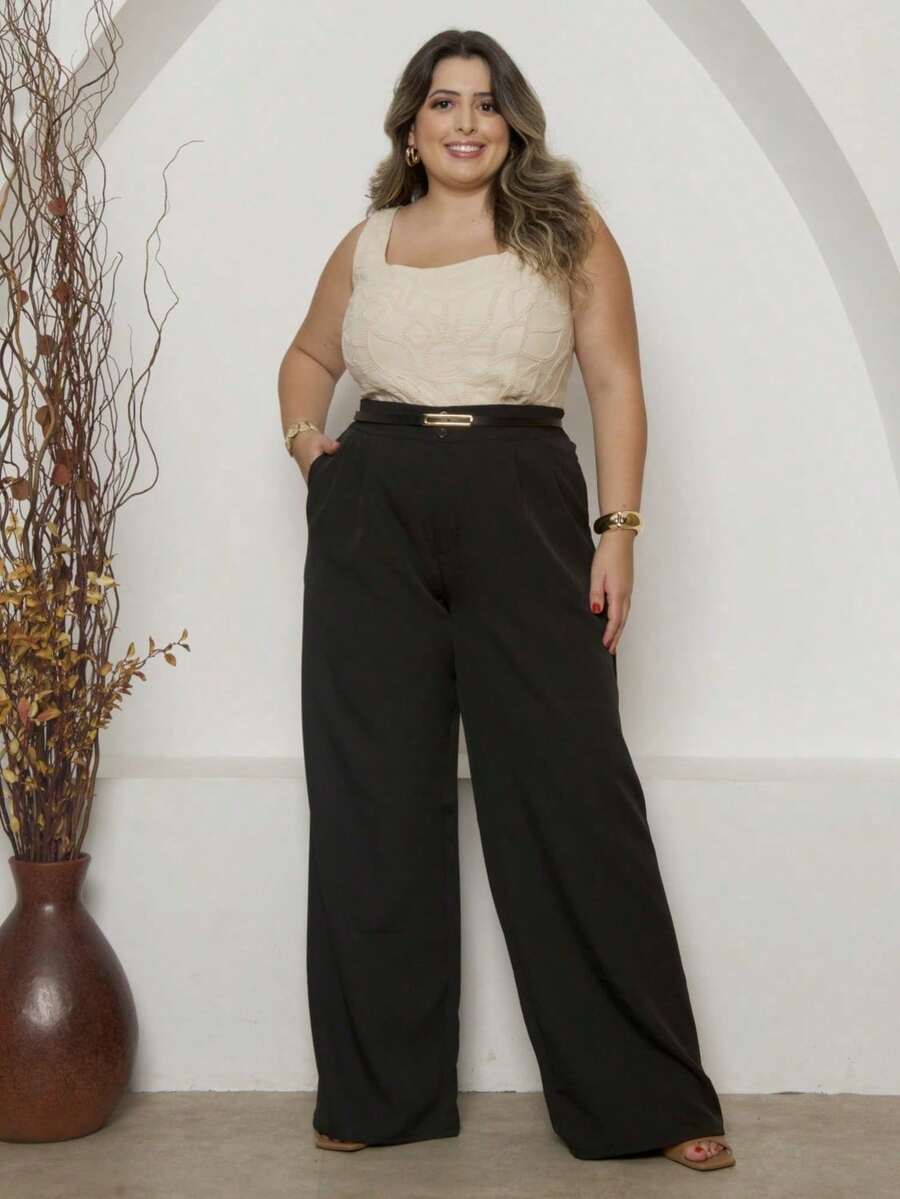 Plus Size Wide Leg Pants Tailored Fabric With Belt High Waist Feminine Shapes The Butt Comfortable Elegant Versatile Size Exg G1 G2 G3 New Fashion Mother's Day - 黑色 - 查看 1