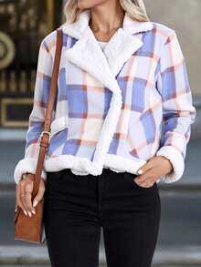 Chamarra invierno dama mujer forro borrego tejido polar cuadros suave caliente calientito botón manga larga cuello doble solapa bajo recto dos bolsillos laterales posterior a tono bajo recto casual día noche festival comida cena calle otoño invierno - Azul y blanco - Ver 2
