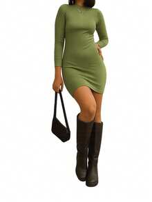 Short Tube Dress Ribbed Knit Long Sleeve High Neck Elegant Winter - Màu xanh Ô liu - Xem 1