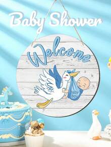 2pcs - Blue Wooden Welcome Baby - Hanging Door Sign, Baby Gate Sign Gender Reveal Welcome Sign Hanging Wreath Round Rustic Wooden Farmhouse Decor Holiday Front Door Decorations, Room Decor And Room Decoration For Baby Shower Porch Party Supplies, Wooden Hanging Ornaments Flat Hanging Wooden Hanging Home Decor Hanging Sign Door Sign. (Approx. 11.81in) - Blue - View 2