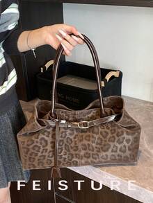 1pc Fashion Leopard Print Shoulder Bag, Large Capacity Tote Bag For Daily Commute And Shopping, Strap Decor, Magnetic Closure, Bags For Ladies Fashionable, New Fall Winter Tiger Print Bag For Women - Coffee - View 9