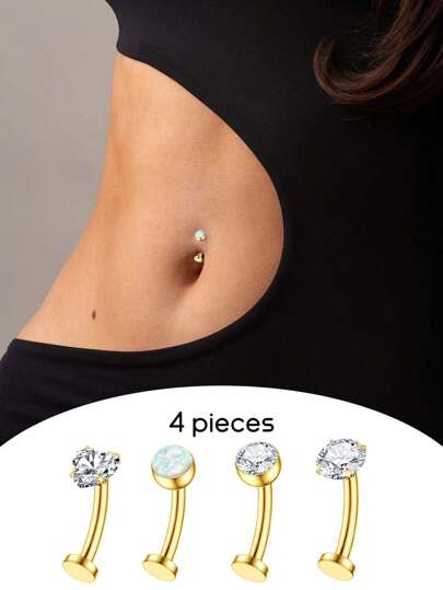 Conjunto de 4 peças de piercings de umbigo de opala banhados a ouro 18K, piercings de umbigo de aço inoxidável hipoalergênicos para uso médico, piercing de umbigo com zircônia cúbica em formato de coração, piercing de umbigo com clicker 14G, joia para piercing de umbigo feminino, ouro e prata