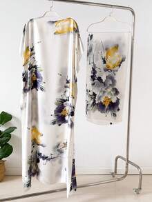 1pc Faux Silk Printed Robe, Shawl & Small Scarf Set, Women Coverup For Beach, Sun Protection, Daily Wear For Dress - Multicolor - View 17