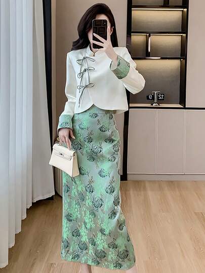 RUIWY 2 piezas Conjunto de blusa beige elegante con cordón y falda de longitud media verde, moda de otoño de alta gama para mujer