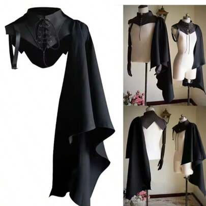 رداء أسود وحيد الكتف بطراز قديم لحفلات الهالوين، إكسسوار كوستيوم نمط عصر النهضة والصليبيين، بتصميم بنمط جوتيك بانك وأربطة